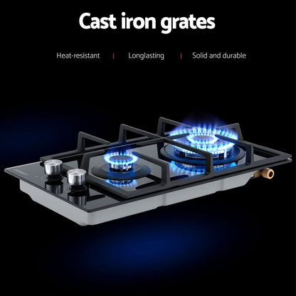 Devanti Gas Cooktop 30cm 2 Burner Built-in Stove Glass Cook Top NG LPG Wok Burner CT-GAS-2B-C-BK
