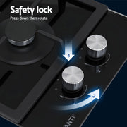 Devanti Gas Cooktop 30cm 2 Burner Built-in Stove Glass Cook Top NG LPG Wok Burner CT-GAS-2B-C-BK