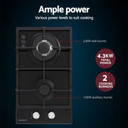 Devanti Gas Cooktop 30cm 2 Burner Built-in Stove Glass Cook Top NG LPG Wok Burner CT-GAS-2B-C-BK
