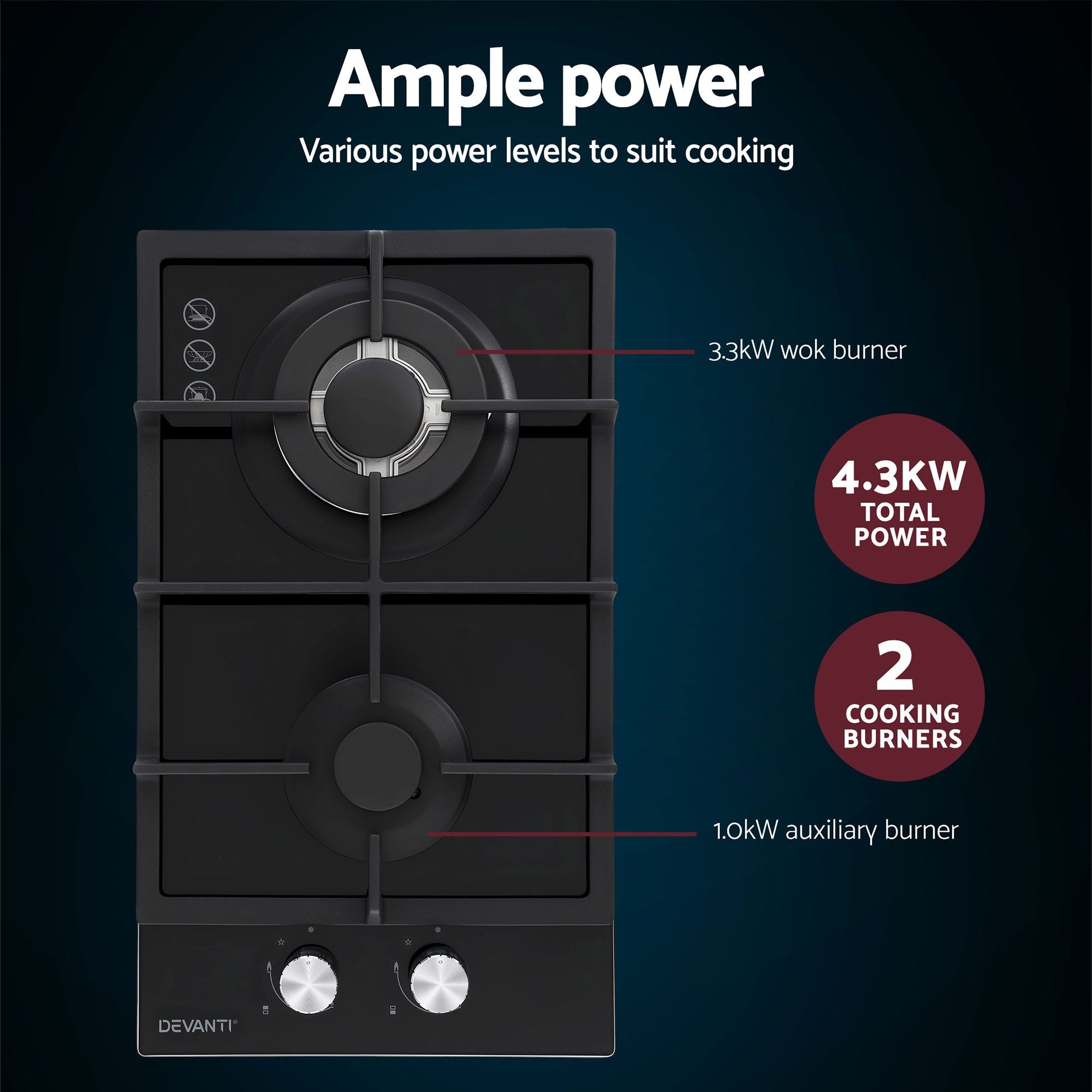 Devanti Gas Cooktop 30cm 2 Burner Built-in Stove Glass Cook Top NG LPG Wok Burner CT-GAS-2B-C-BK
