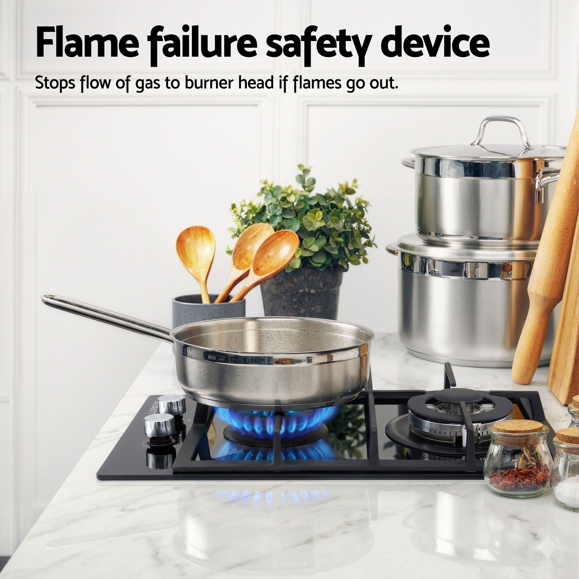 Devanti Gas Cooktop 30cm 2 Burner Built-in Stove Glass Cook Top NG LPG Wok Burner CT-GAS-2B-C-BK