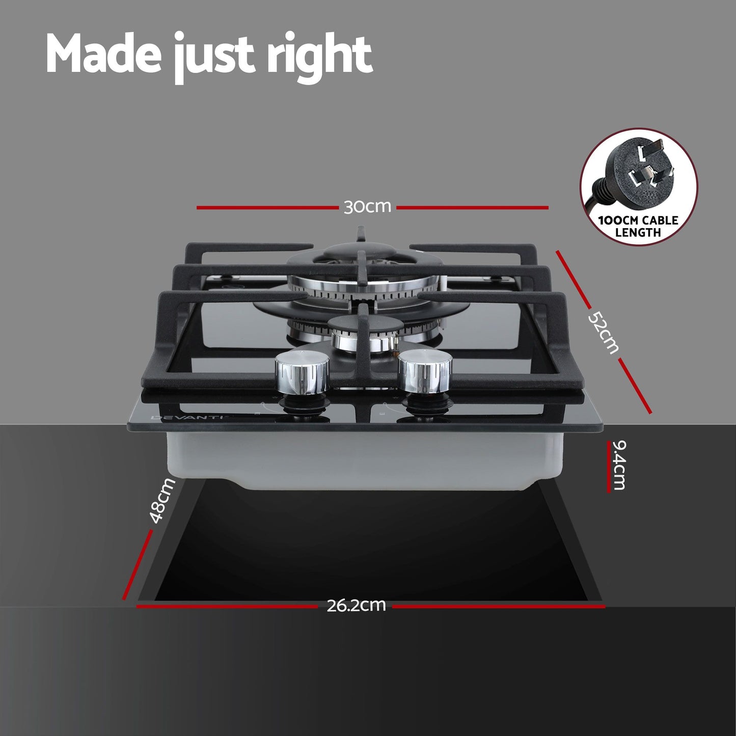 Devanti Gas Cooktop 30cm 2 Burner Built-in Stove Glass Cook Top NG LPG Wok Burner CT-GAS-2B-C-BK