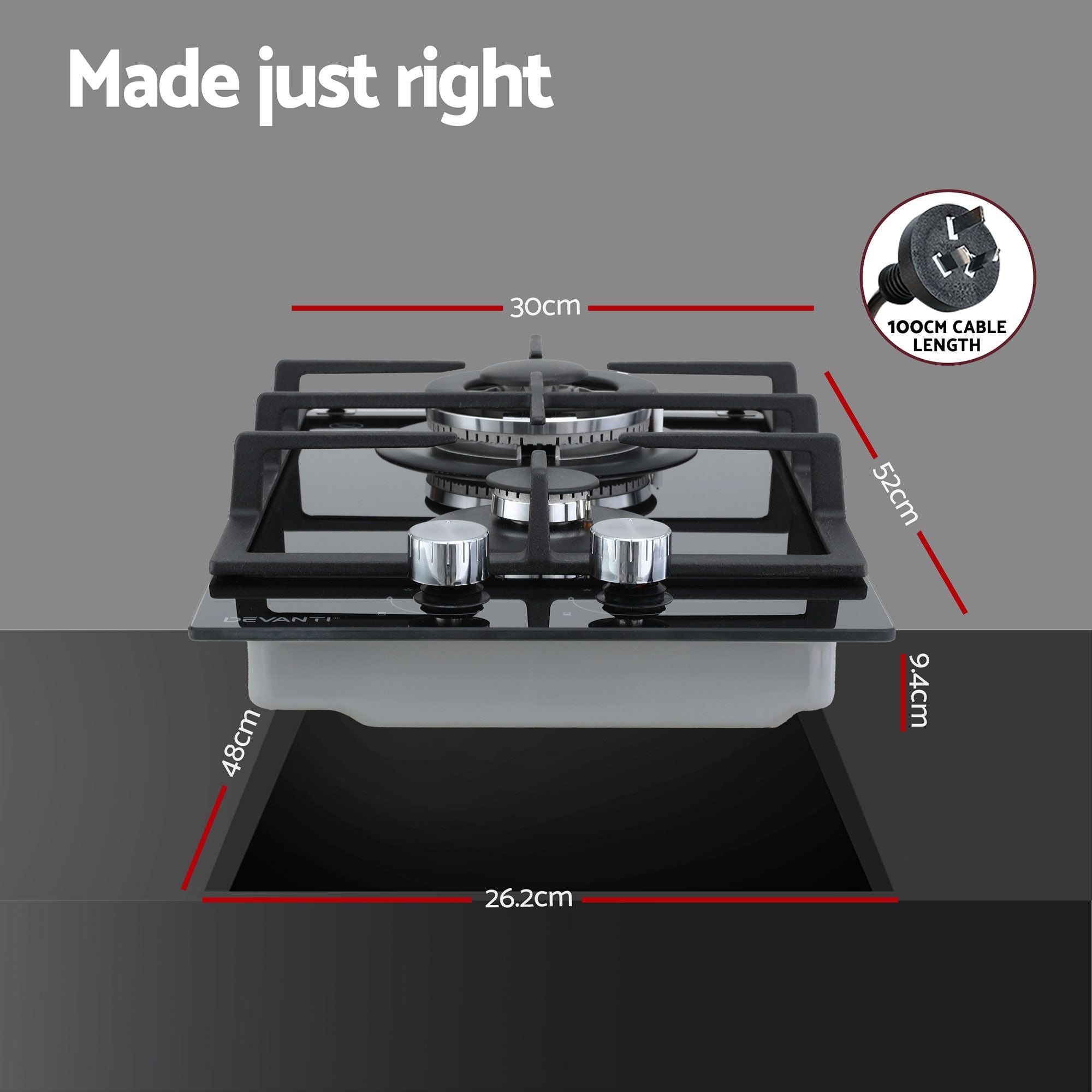Devanti Gas Cooktop 30cm 2 Burner Built-in Stove Glass Cook Top NG LPG Wok Burner CT-GAS-2B-C-BK