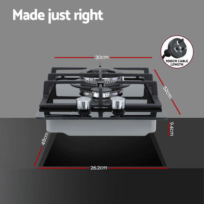 Devanti Gas Cooktop 30cm 2 Burner Built-in Stove Glass Cook Top NG LPG Wok Burner CT-GAS-2B-C-BK