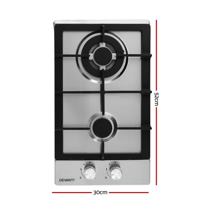 Devanti Gas Cooktop 30cm 2 Burner Silver CT-GAS-2B-C-SS