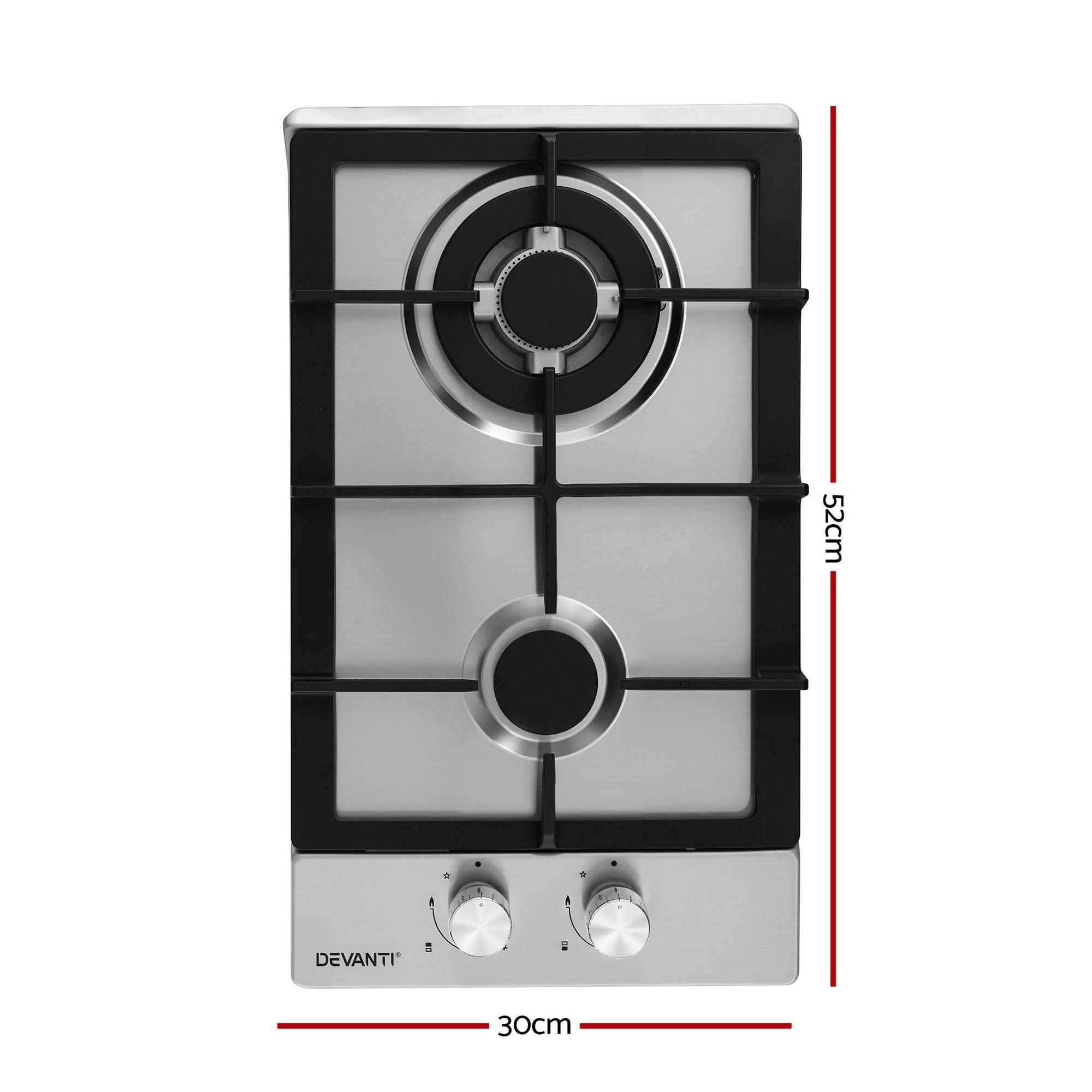 Devanti Gas Cooktop 30cm 2 Burner Silver