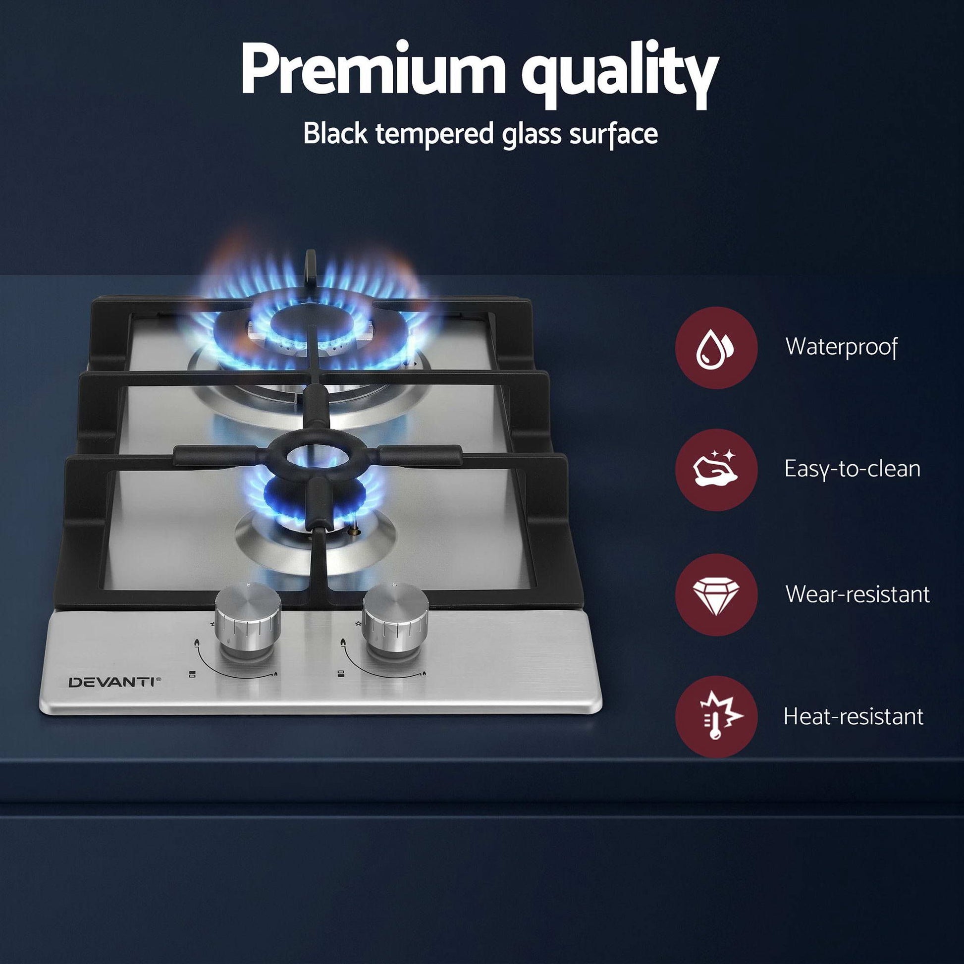 Devanti Gas Cooktop 30cm 2 Burner Silver CT-GAS-2B-C-SS