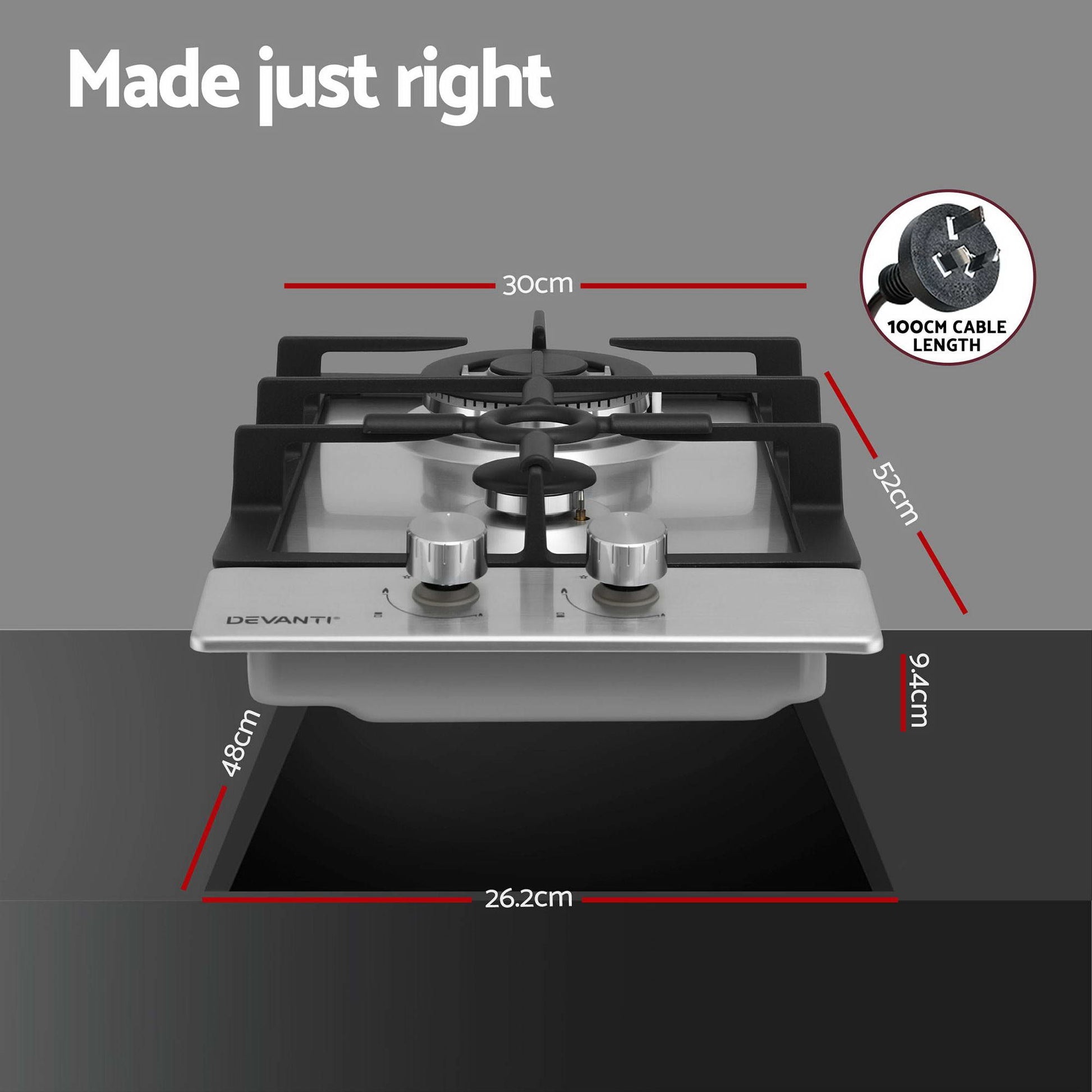 Devanti Gas Cooktop 30cm 2 Burner Silver CT-GAS-2B-C-SS
