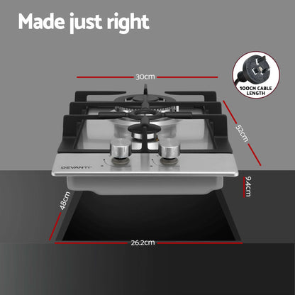 Devanti Gas Cooktop 30cm 2 Burner Silver CT-GAS-2B-C-SS