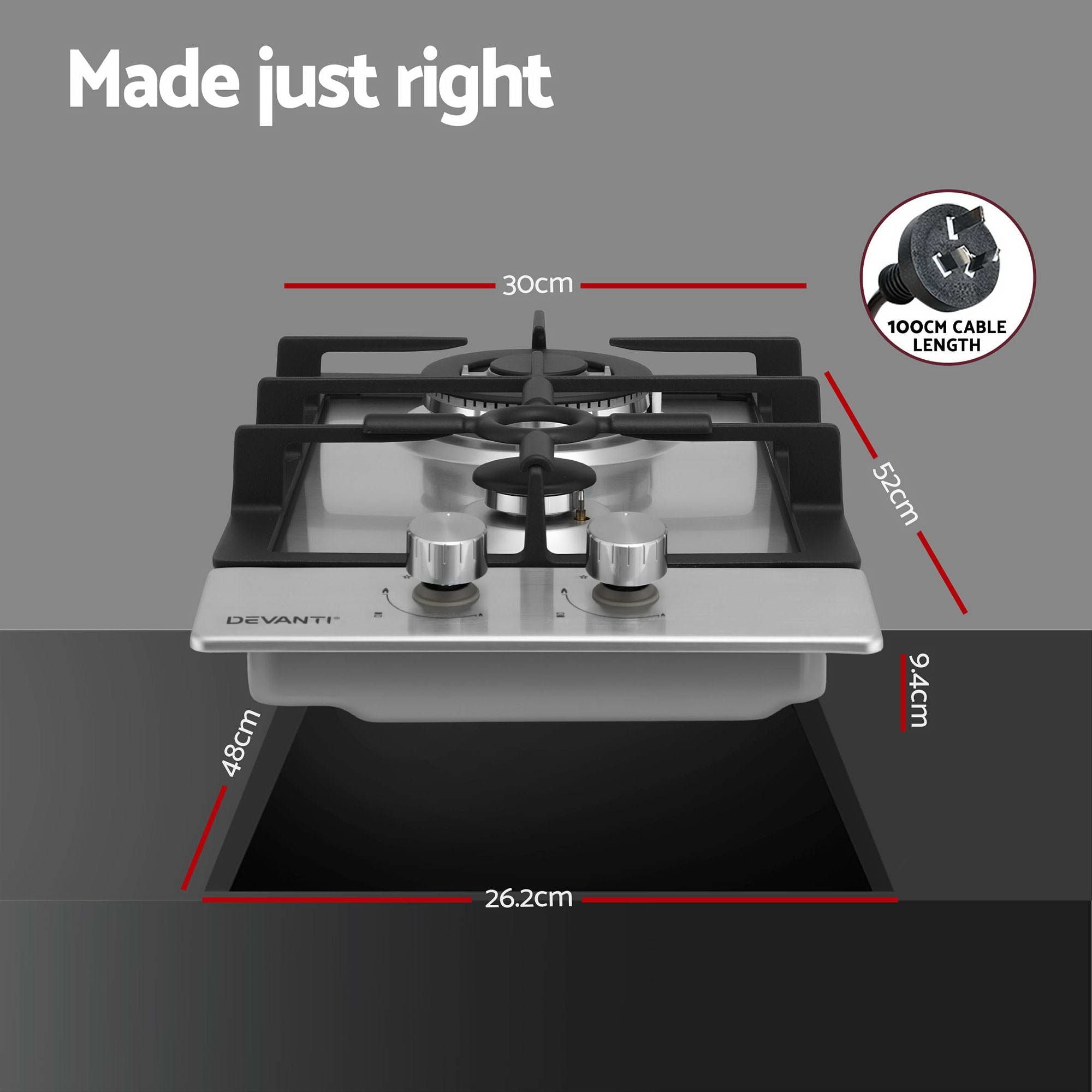 Devanti Gas Cooktop 30cm 2 Burner Silver