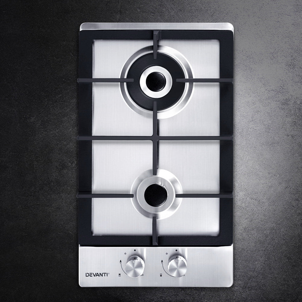 Devanti Gas Cooktop 30cm 2 Burner Silvir CT-GAS-2B-SS