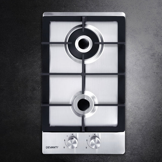 Devanti Gas Cooktop 30cm 2 Burner Silvir CT-GAS-2B-SS