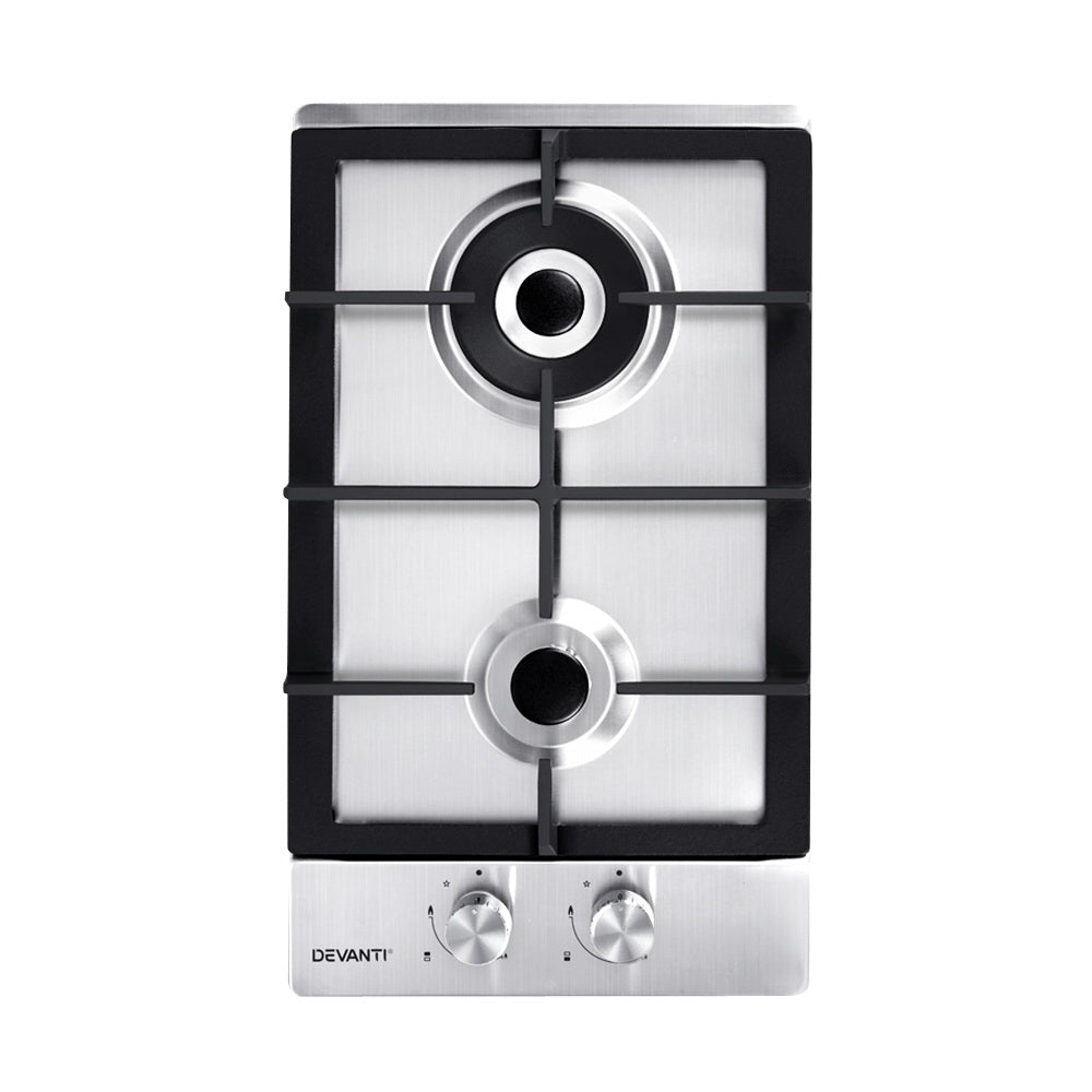 Devanti Gas Cooktop 30cm 2 Burner Silvir CT-GAS-2B-SS