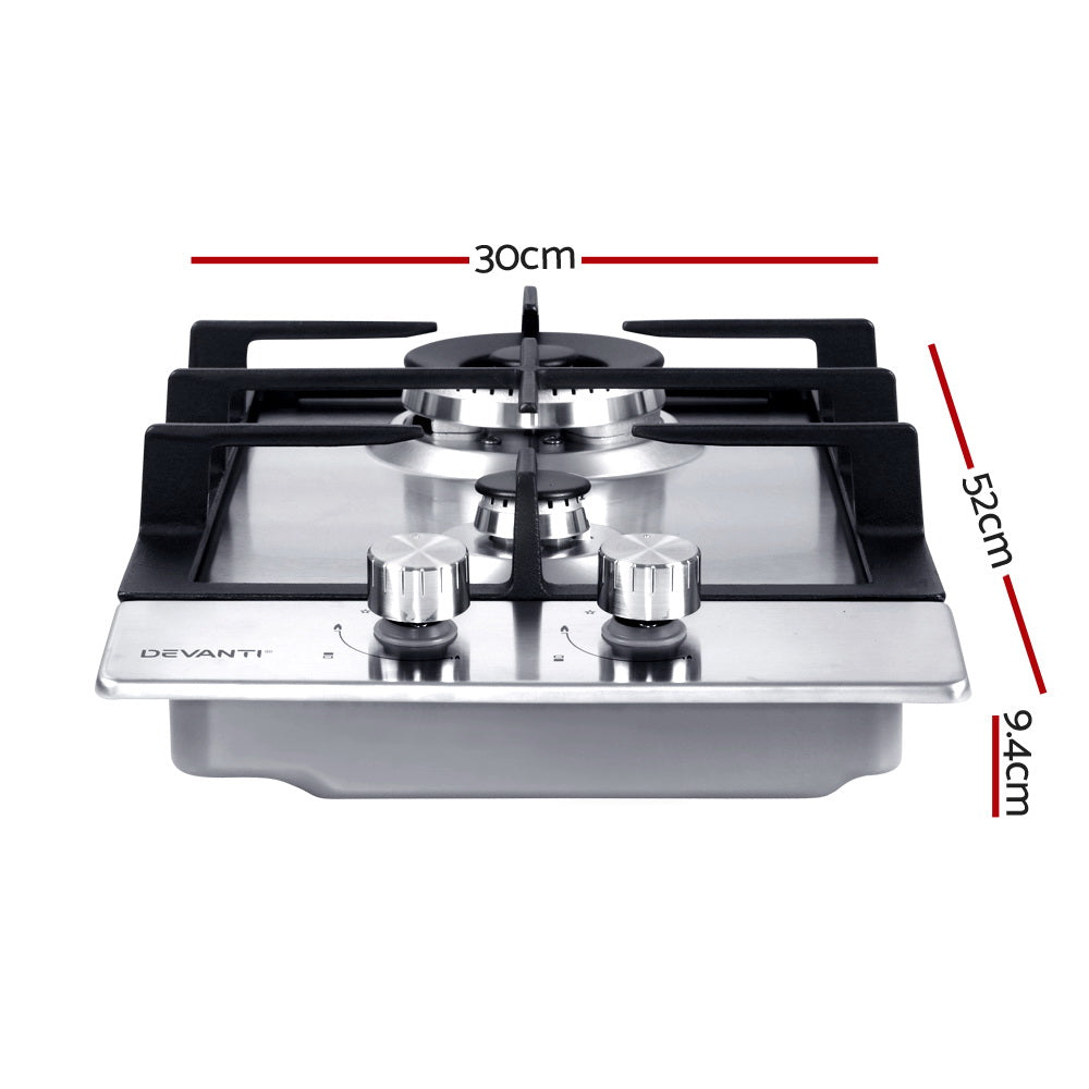 Devanti Gas Cooktop 30cm 2 Burner Silvir CT-GAS-2B-SS