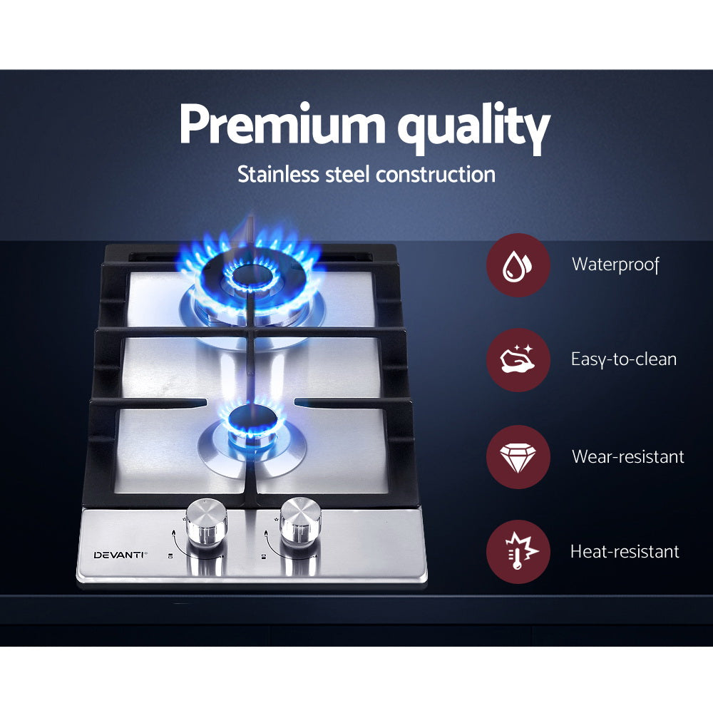 Devanti Gas Cooktop 30cm 2 Burner Silvir CT-GAS-2B-SS