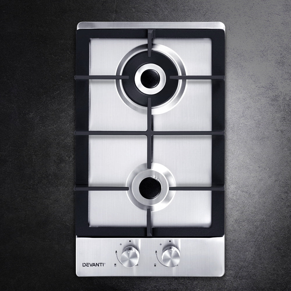 Devanti Gas Cooktop 30cm 2 Burner Silvir CT-GAS-2B-SS