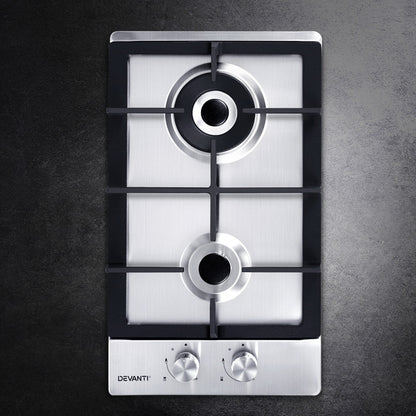 Devanti Gas Cooktop 30cm 2 Burner Silvir CT-GAS-2B-SS