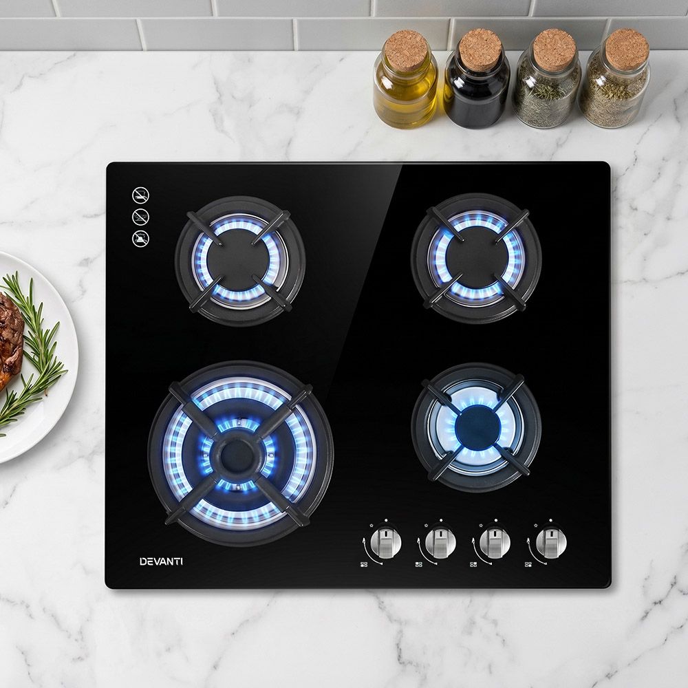 Devanti Gas Cooktop 60cm 4 Burner Black CT-GAS-4BTB-BK