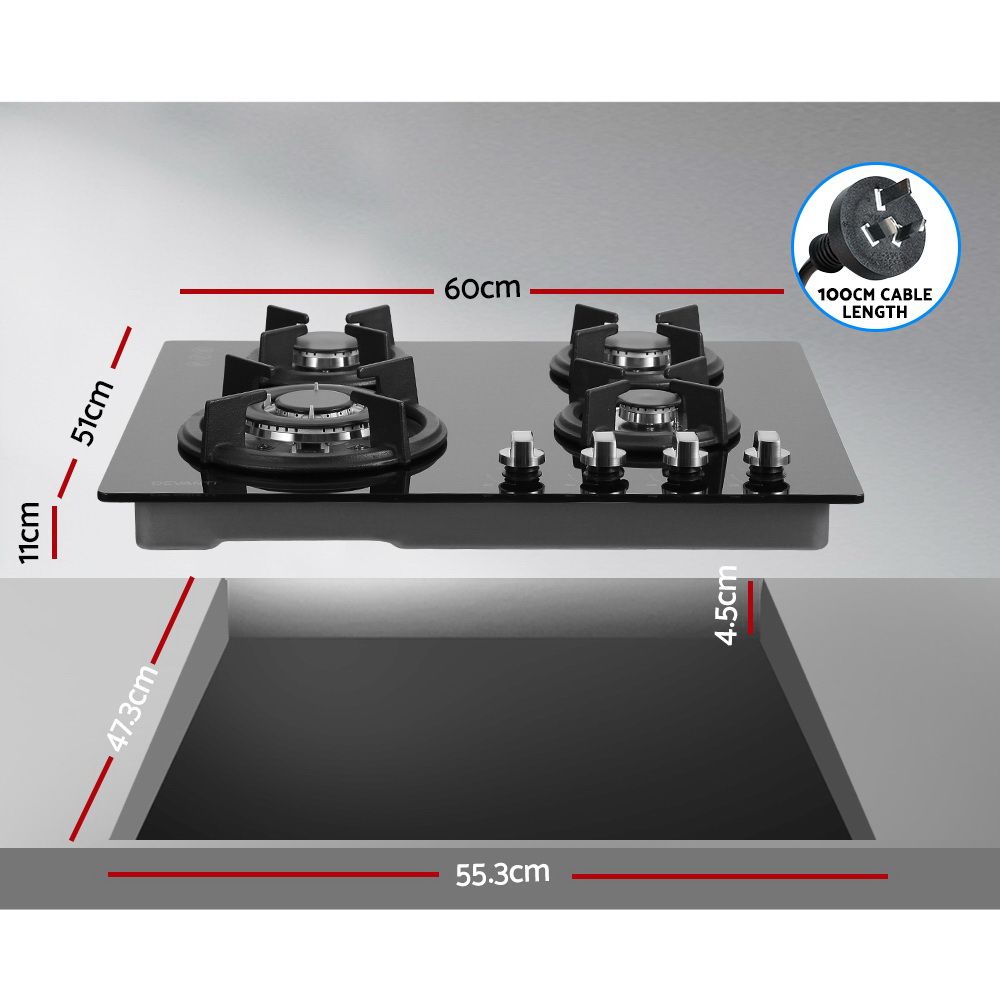 Devanti Gas Cooktop 60cm 4 Burner Black CT-GAS-4BTB-BK
