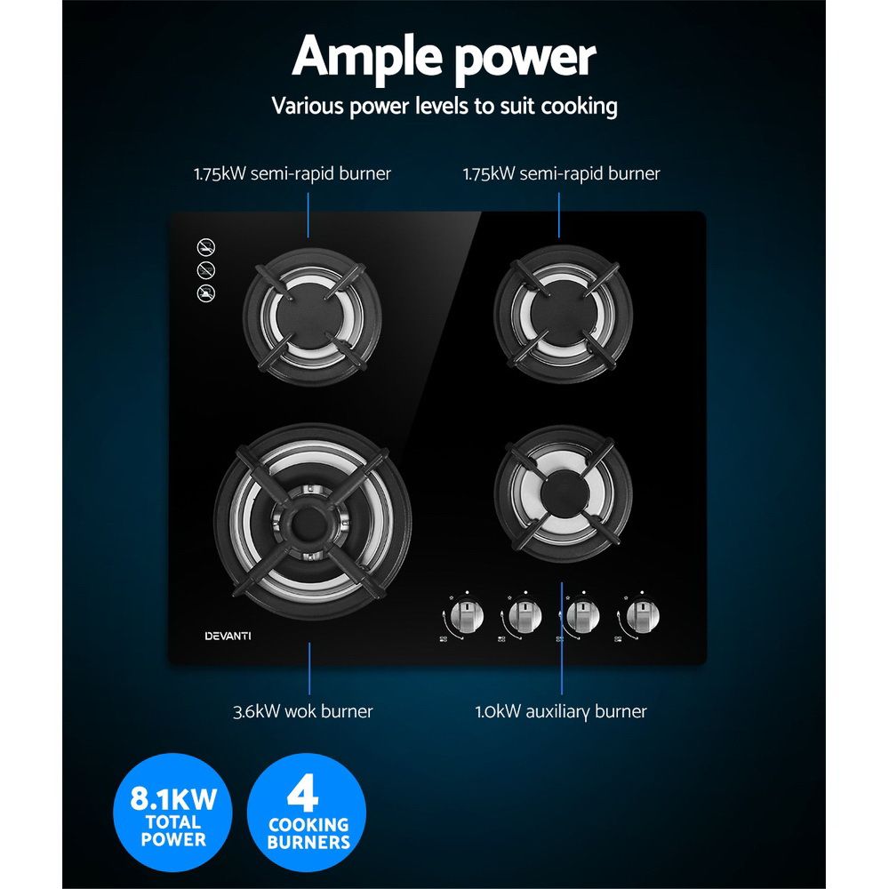 Devanti Gas Cooktop 60cm 4 Burner Black CT-GAS-4BTB-BK