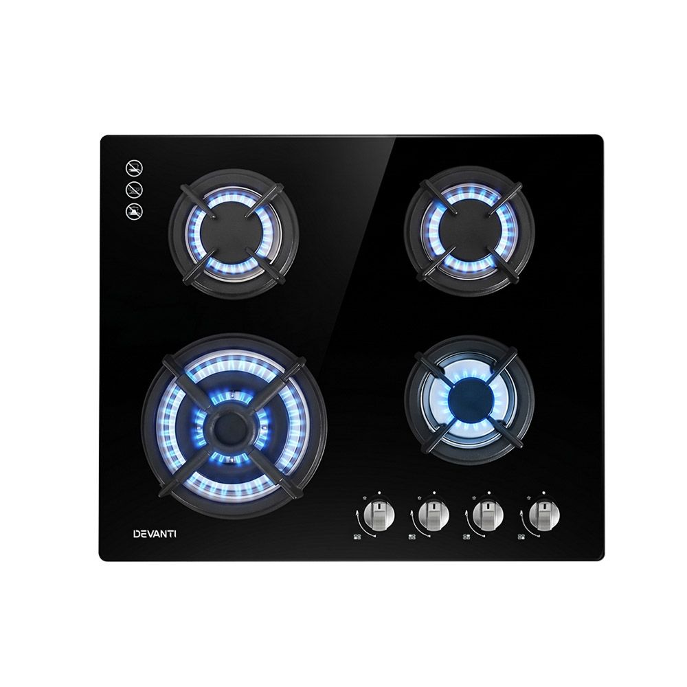 Devanti Gas Cooktop 60cm 4 Burner Black CT-GAS-4BTB-BK