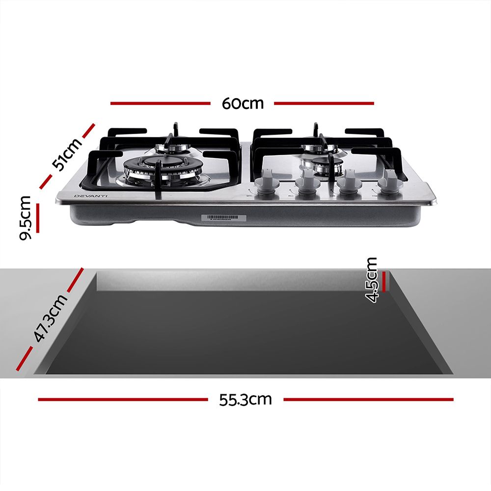 Devanti Gas Cooktop 60cm 4 Burner Silvir CT-GAS-4BTB-SS