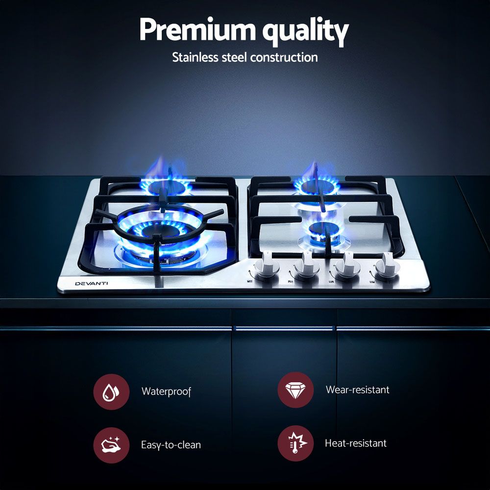 Devanti Gas Cooktop 60cm 4 Burner Silvir CT-GAS-4BTB-SS