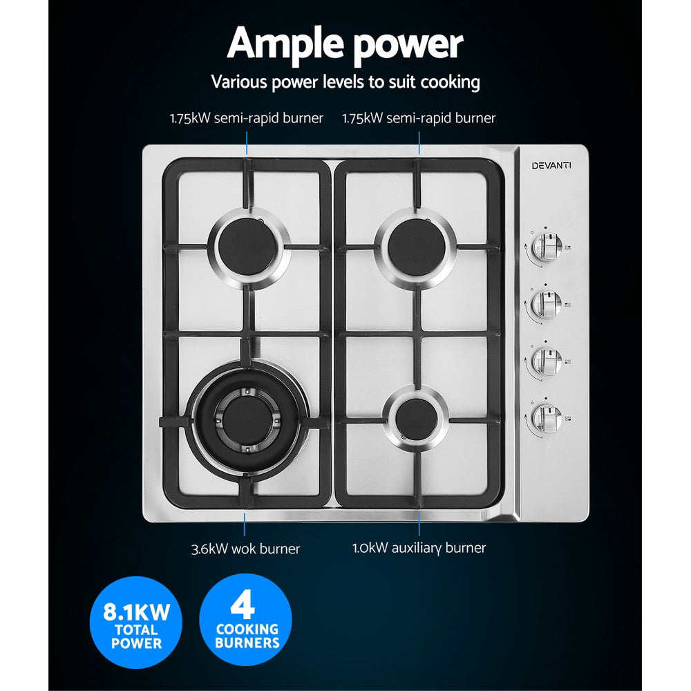 Devanti Gas Cooktop 60cm Stove Hob Silvir CT-GAS-4SDB-SS