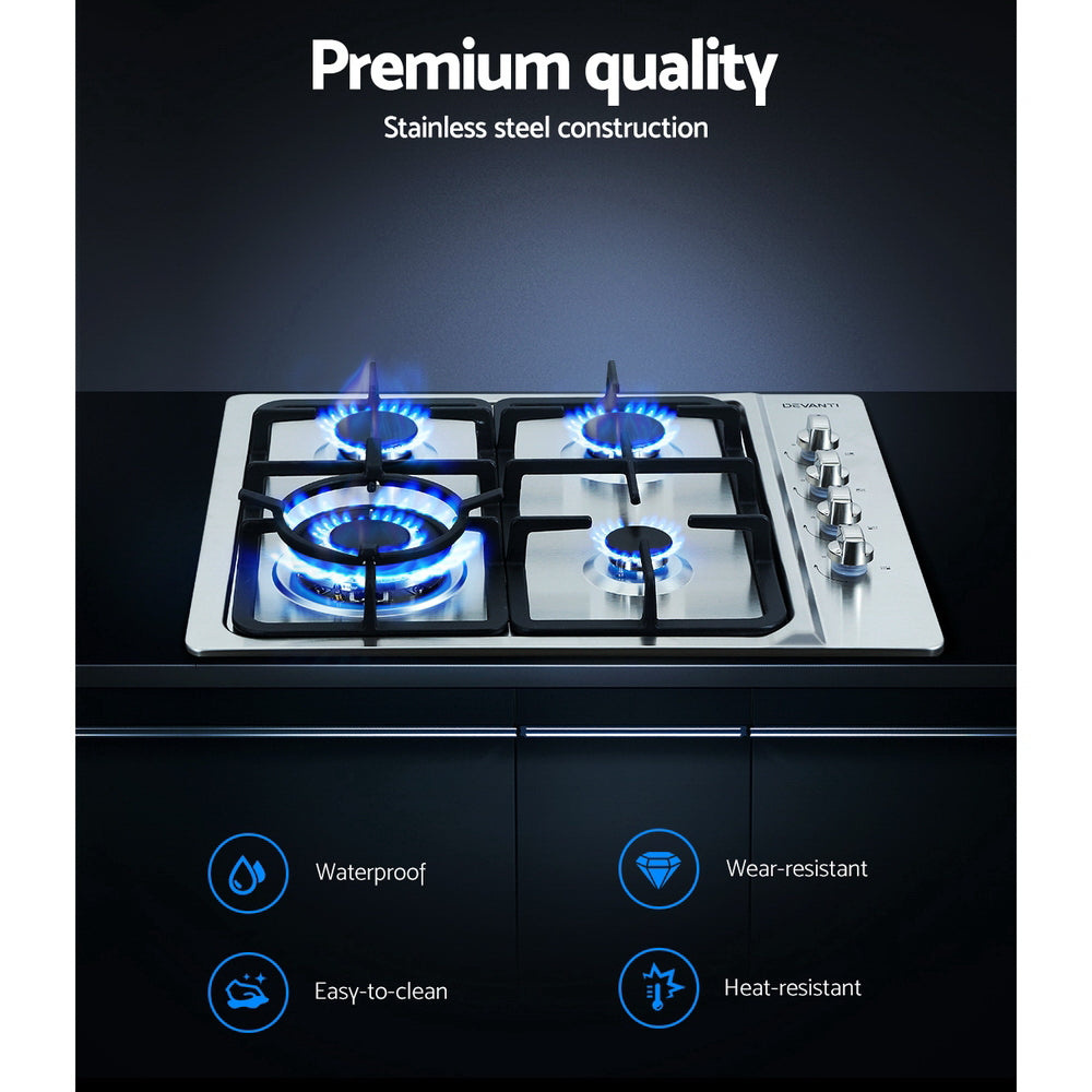 Devanti Gas Cooktop 60cm Stove Hob Silvir CT-GAS-4SDB-SS