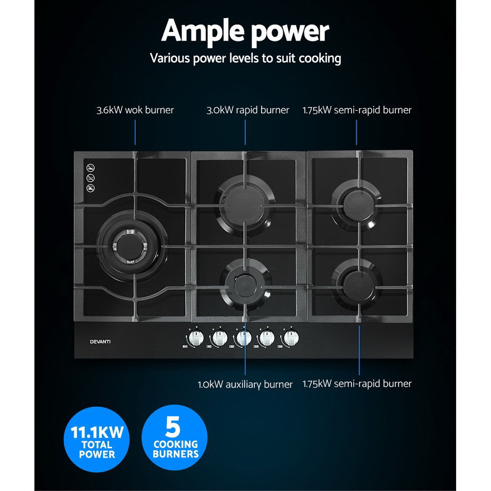 Devanti Gas Cooktop 90cm 5 Burner Black CT-GAS-5B-BK
