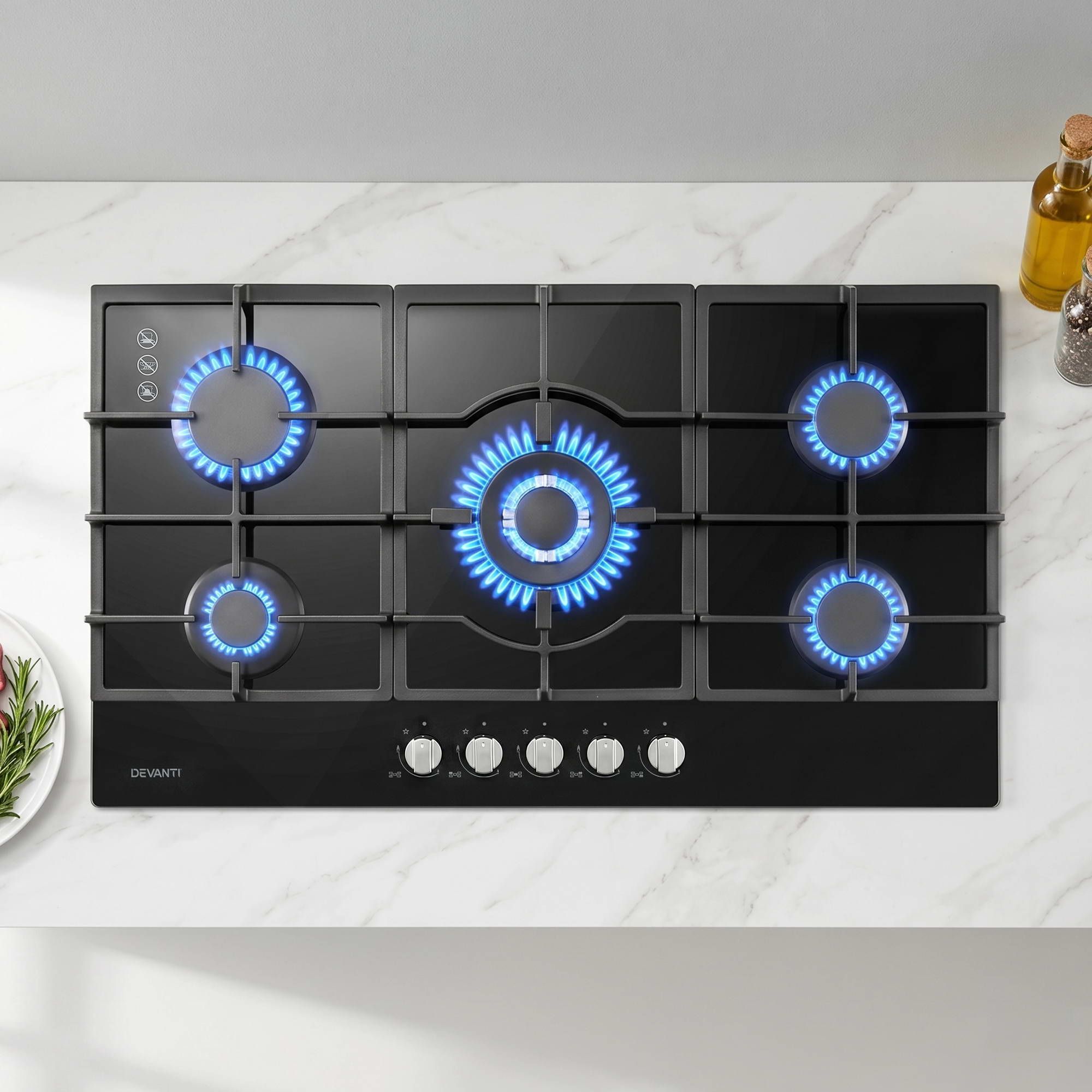 Devanti 90cm Gas Cooktop 5 Burner LPG NG Tempered Glass Hob Black CT-GAS-5B-L-BK