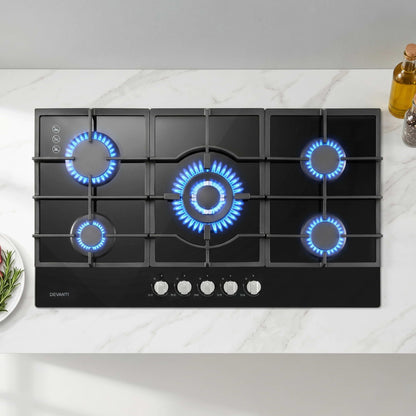 Devanti 90cm Gas Cooktop 5 Burner LPG NG Tempered Glass Hob Black CT-GAS-5B-L-BK