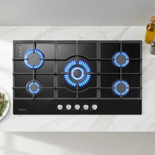 Devanti 90cm Gas Cooktop 5 Burner LPG NG Tempered Glass Hob Black CT-GAS-5B-L-BK