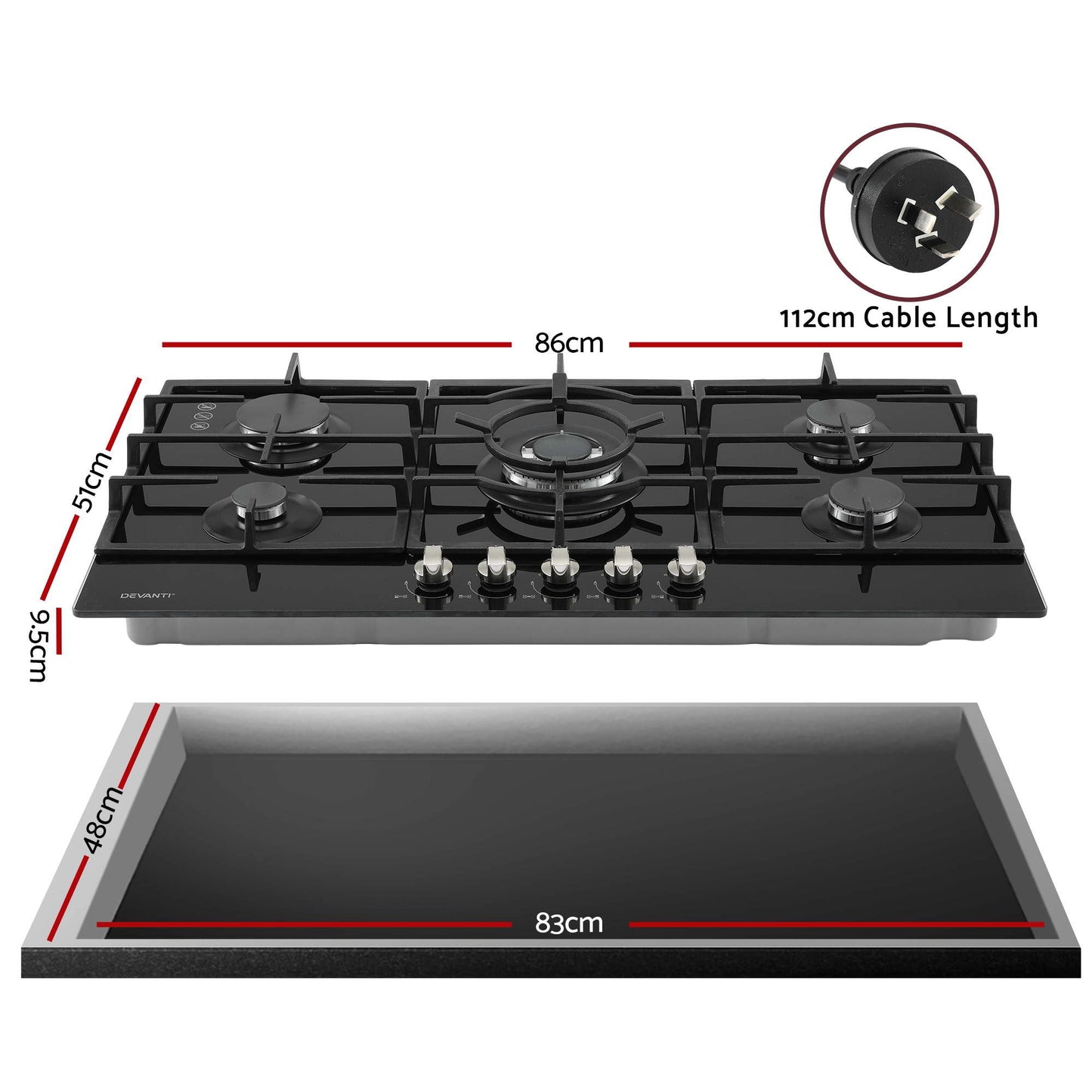 Devanti 90cm Gas Cooktop 5 Burner LPG NG Tempered Glass Hob Black CT-GAS-5B-L-BK
