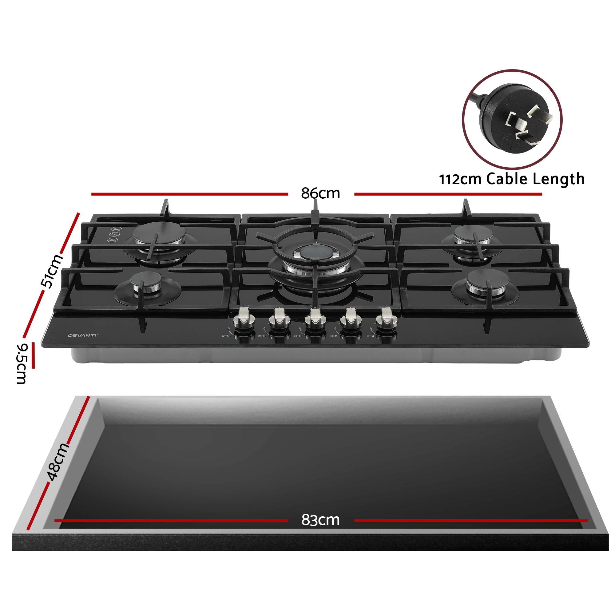 Devanti 90cm Gas Cooktop 5 Burner LPG NG Tempered Glass Hob Black CT-GAS-5B-L-BK
