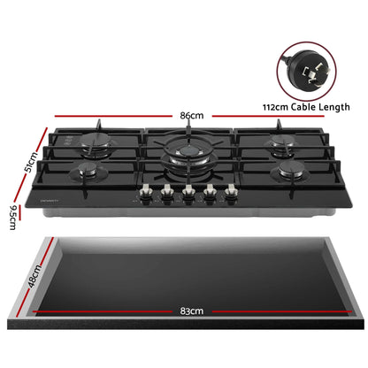 Devanti 90cm Gas Cooktop 5 Burner LPG NG Tempered Glass Hob Black CT-GAS-5B-L-BK