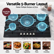 Devanti 90cm Gas Cooktop 5 Burner LPG NG Tempered Glass Hob Black CT-GAS-5B-L-BK
