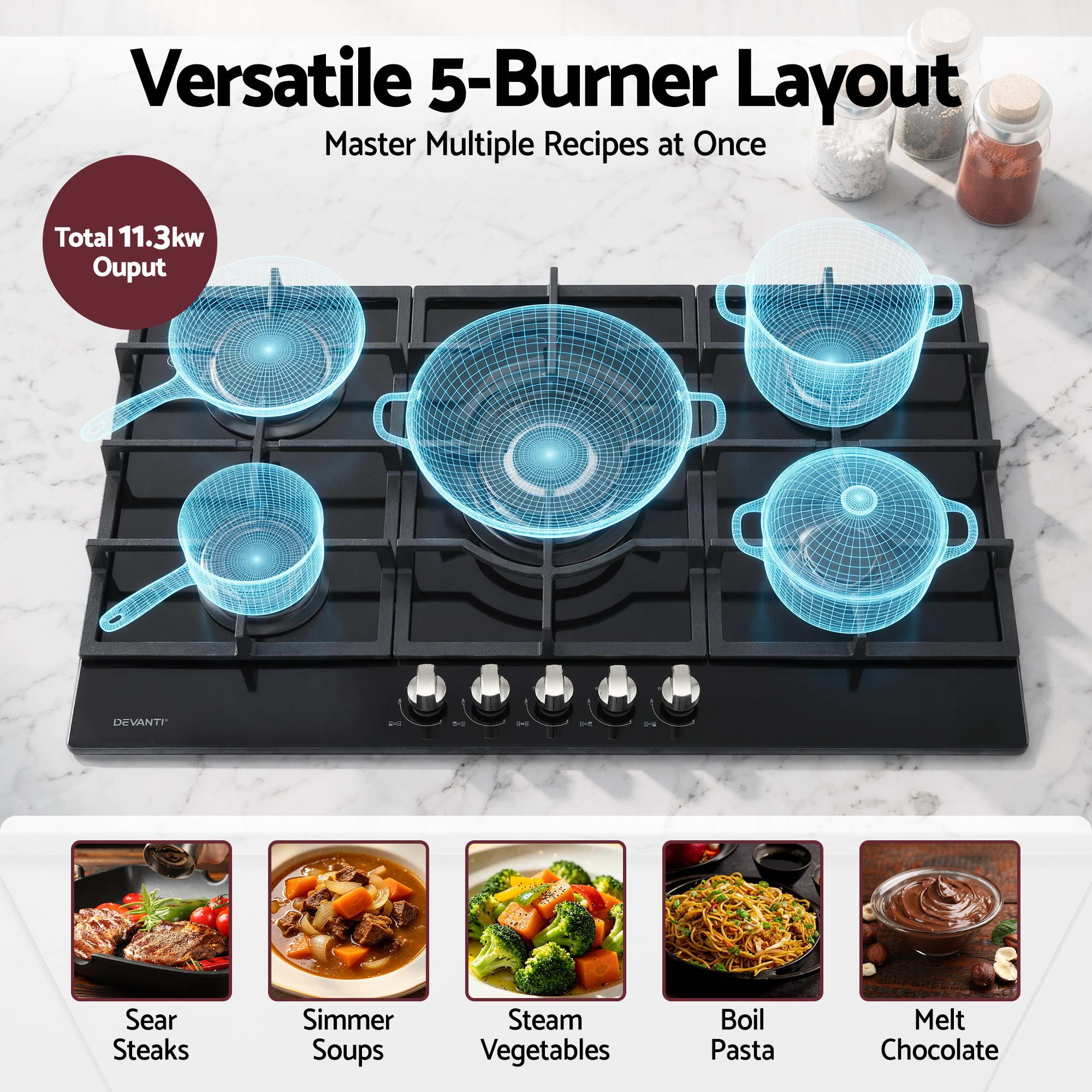 Devanti 90cm Gas Cooktop 5 Burner LPG NG Tempered Glass Hob Black CT-GAS-5B-L-BK