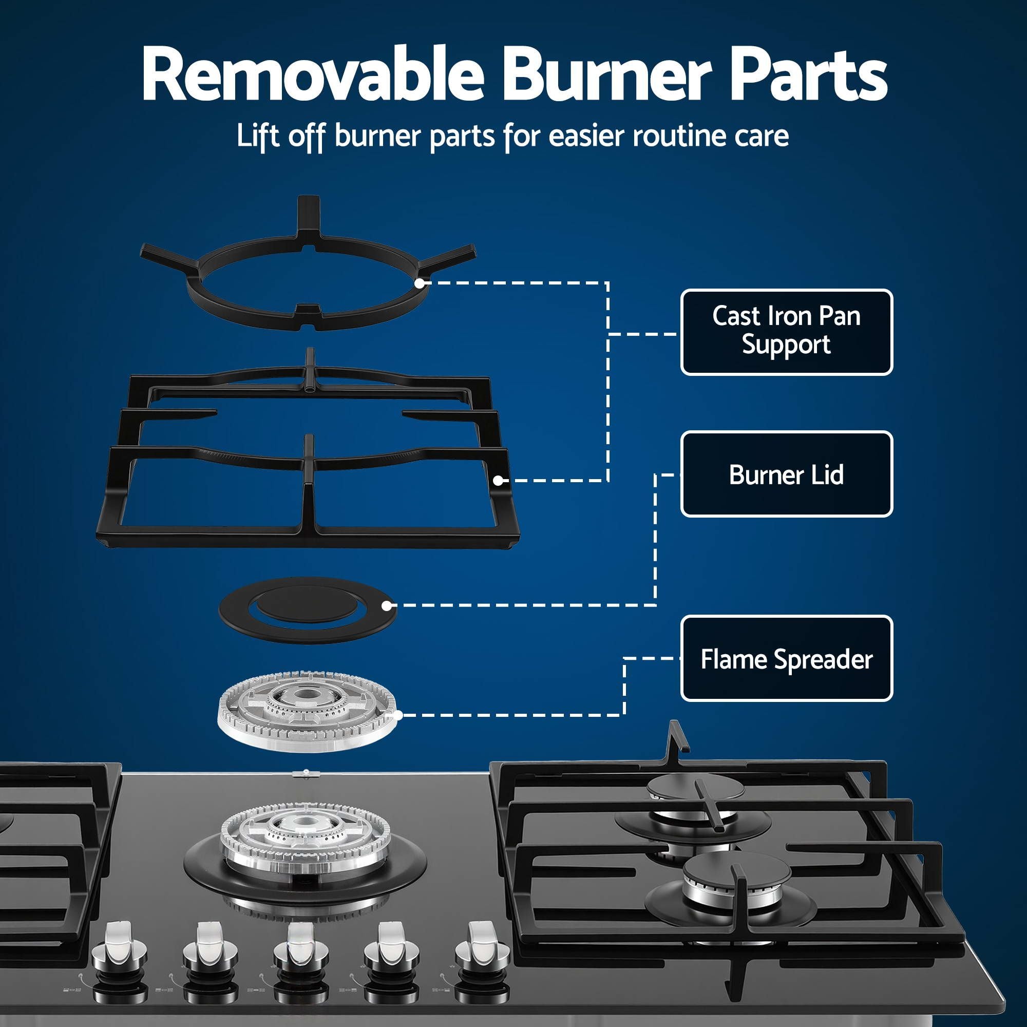 Devanti 90cm Gas Cooktop 5 Burner LPG NG Tempered Glass Hob Black CT-GAS-5B-L-BK