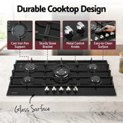Devanti 90cm Gas Cooktop 5 Burner LPG NG Tempered Glass Hob Black CT-GAS-5B-L-BK