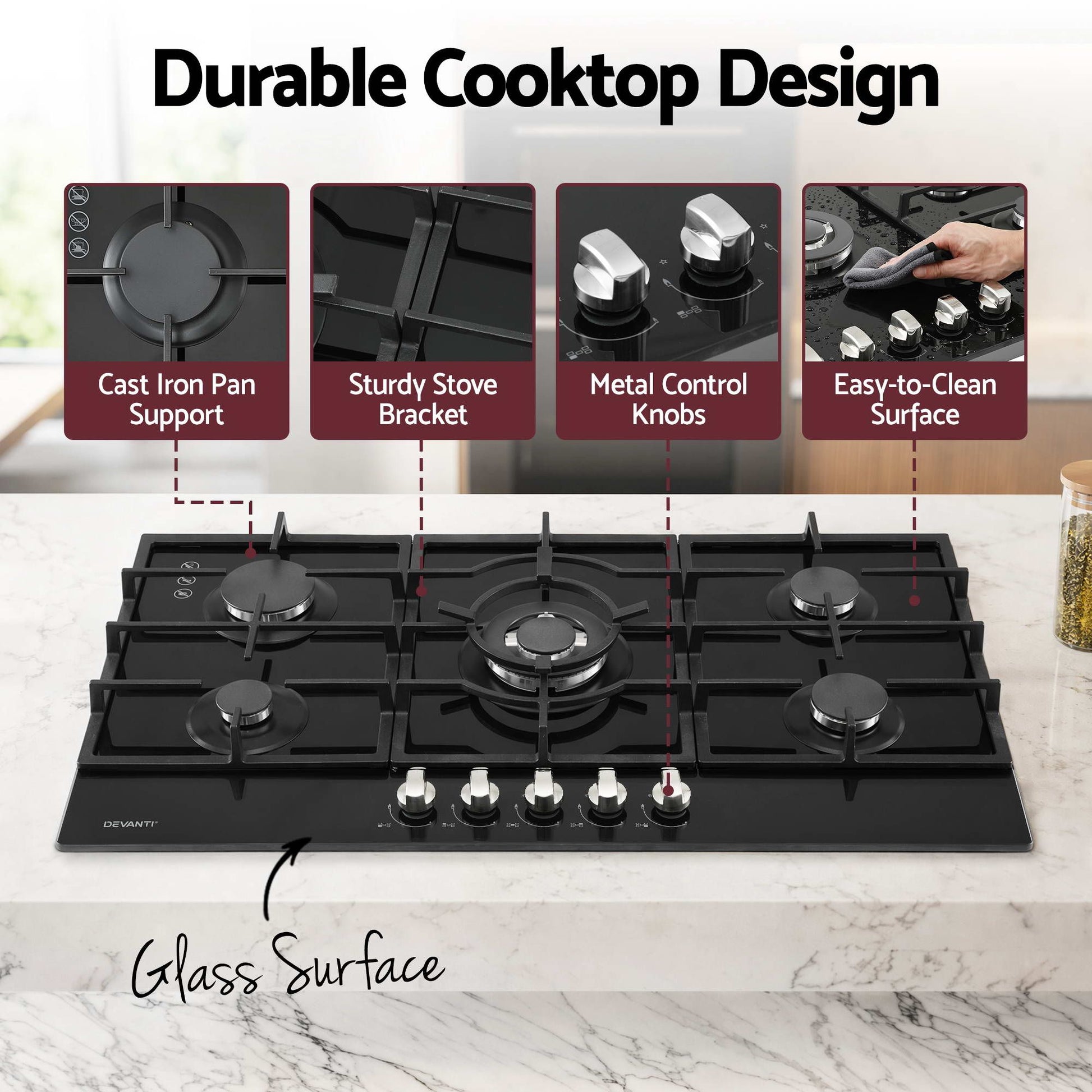 Devanti 90cm Gas Cooktop 5 Burner LPG NG Tempered Glass Hob Black CT-GAS-5B-L-BK