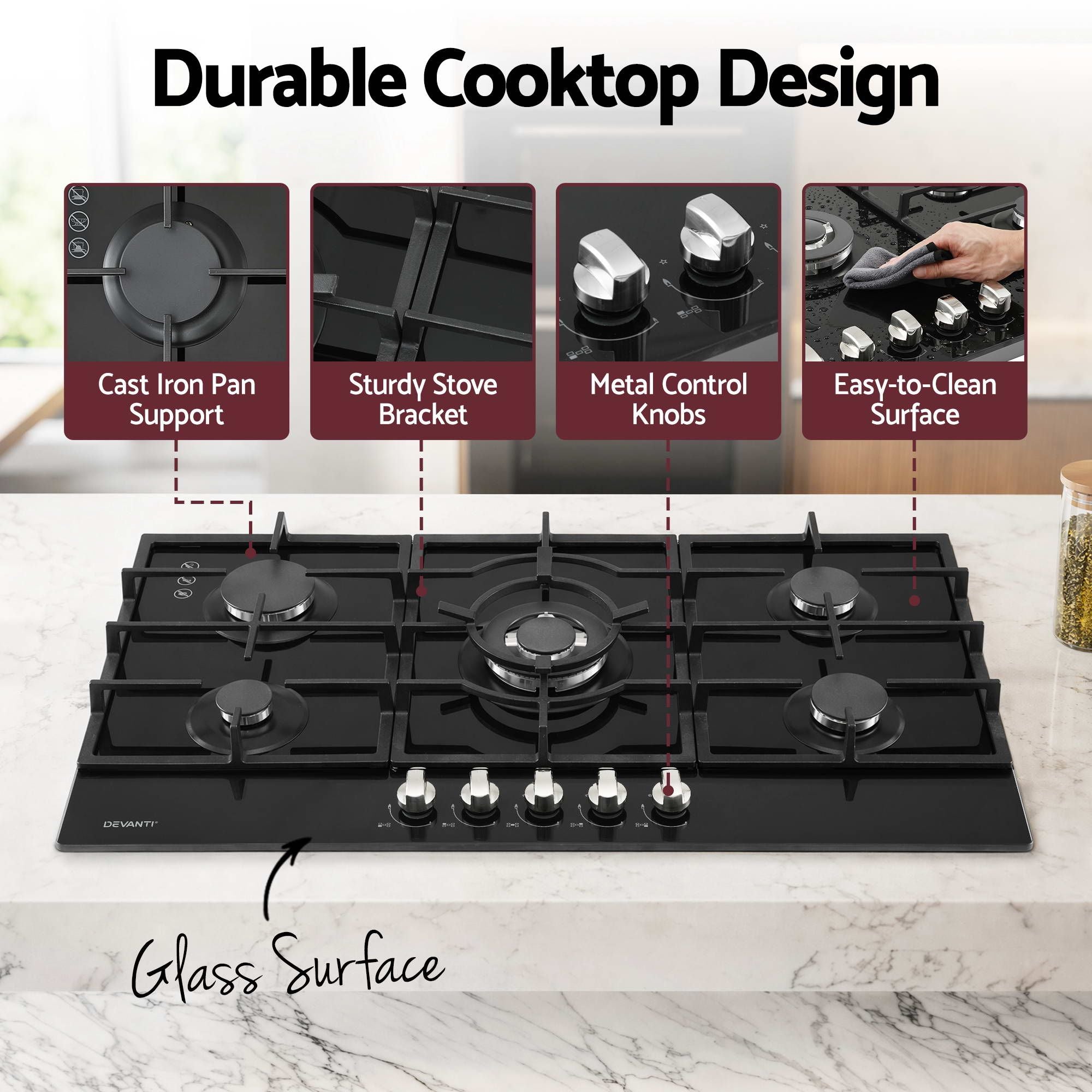 Devanti 90cm Gas Cooktop 5 Burner LPG NG Tempered Glass Hob Black CT-GAS-5B-L-BK