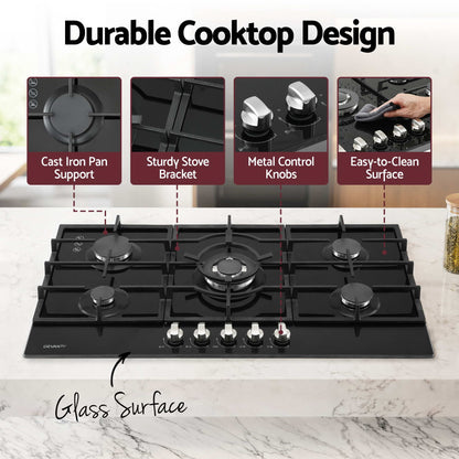 Devanti 90cm Gas Cooktop 5 Burner LPG NG Tempered Glass Hob Black CT-GAS-5B-L-BK