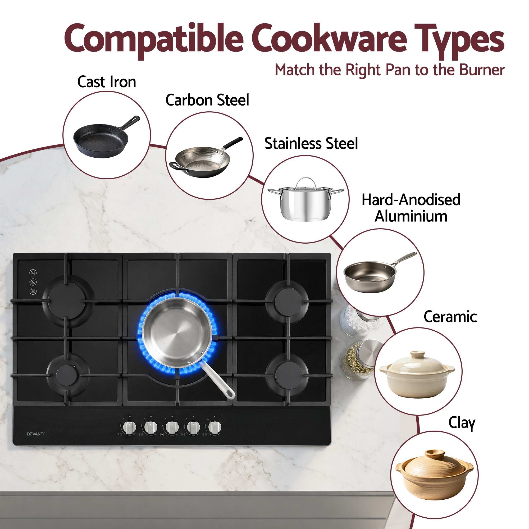 Devanti 90cm Gas Cooktop 5 Burner LPG NG Tempered Glass Hob Black CT-GAS-5B-L-BK