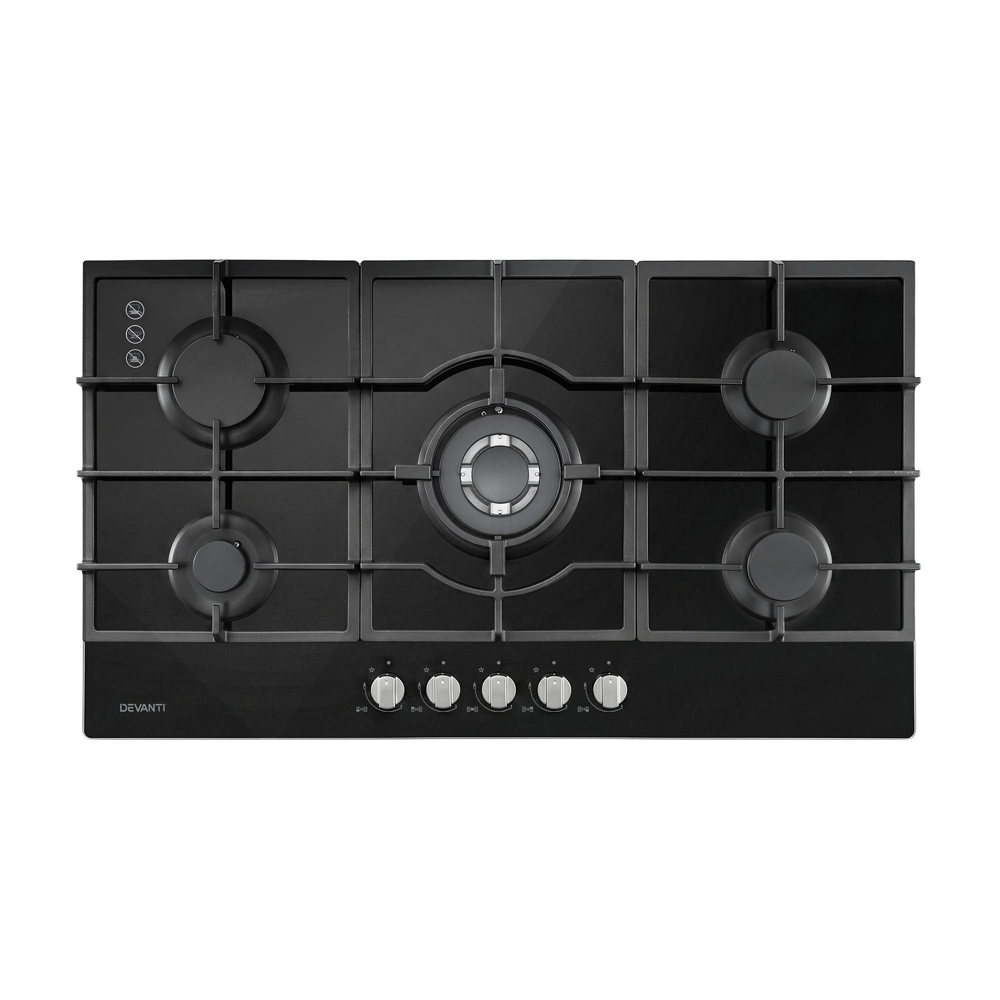 Devanti 90cm Gas Cooktop 5 Burner LPG NG Tempered Glass Hob Black CT-GAS-5B-L-BK
