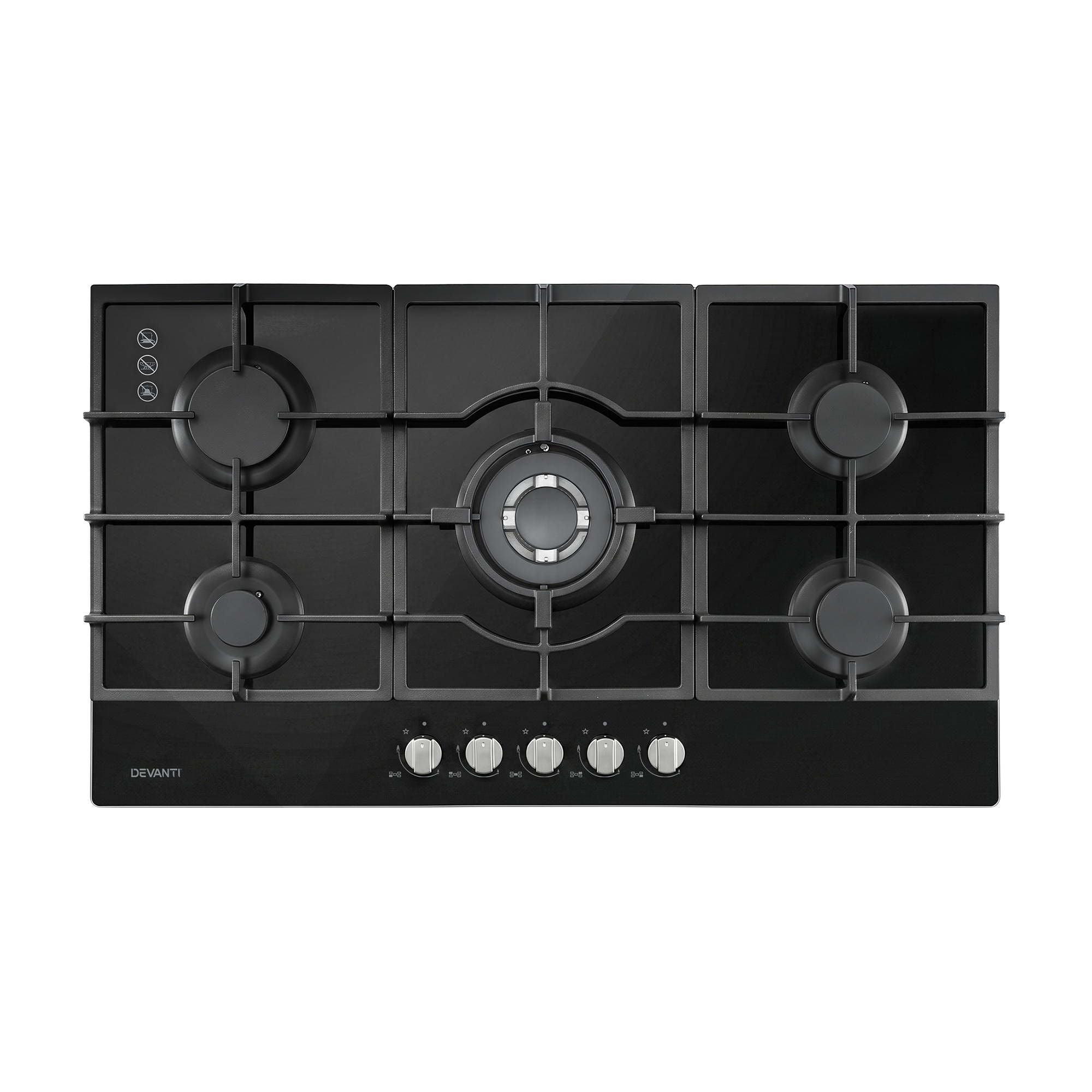 Devanti 90cm Gas Cooktop 5 Burner LPG NG Tempered Glass Hob Black CT-GAS-5B-L-BK