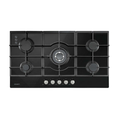 Devanti 90cm Gas Cooktop 5 Burner LPG NG Tempered Glass Hob Black CT-GAS-5B-L-BK
