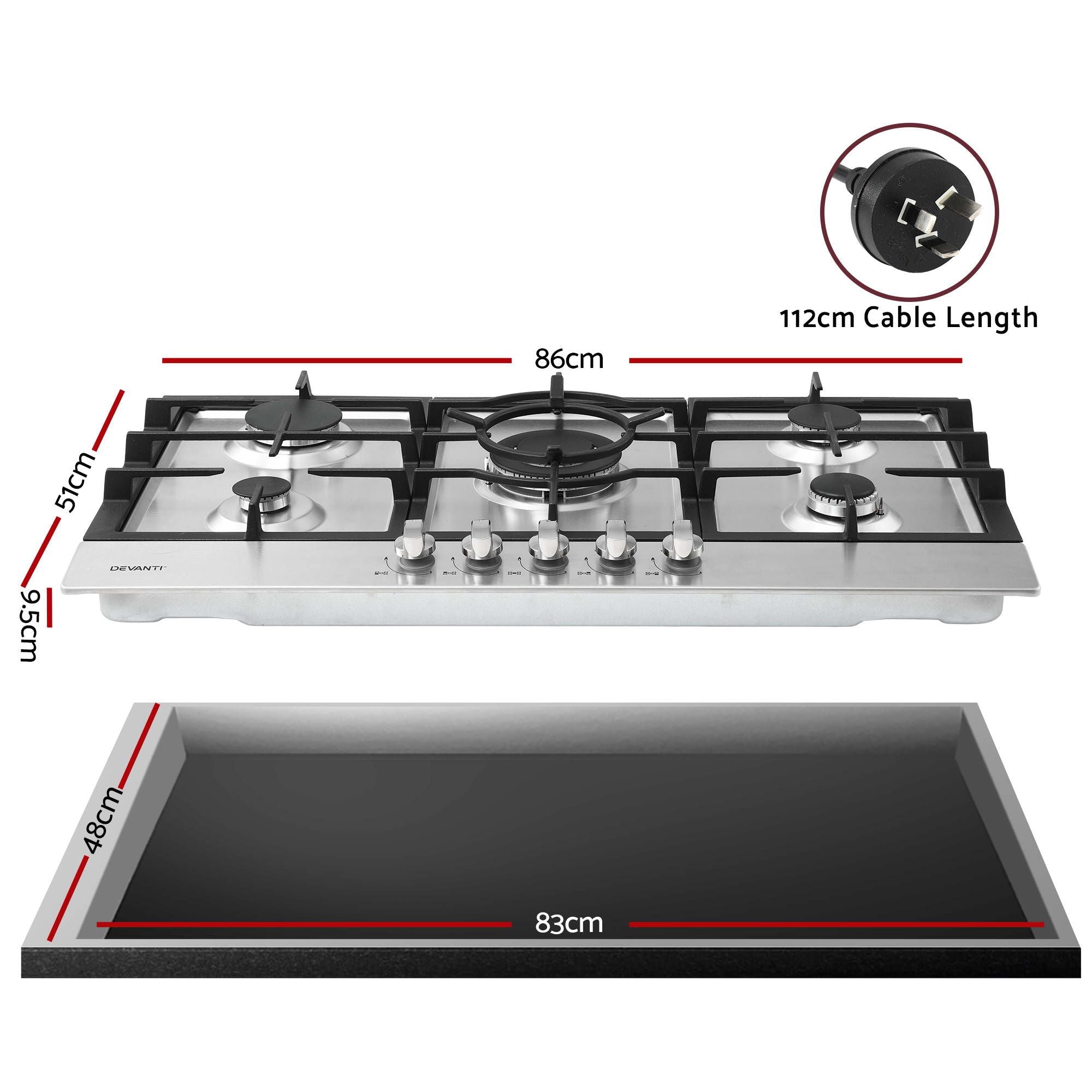Devanti 90cm Gas Cooktop 5 Burner LPG NG Stainless Steel Hob Silver CT-GAS-5B-L-SS