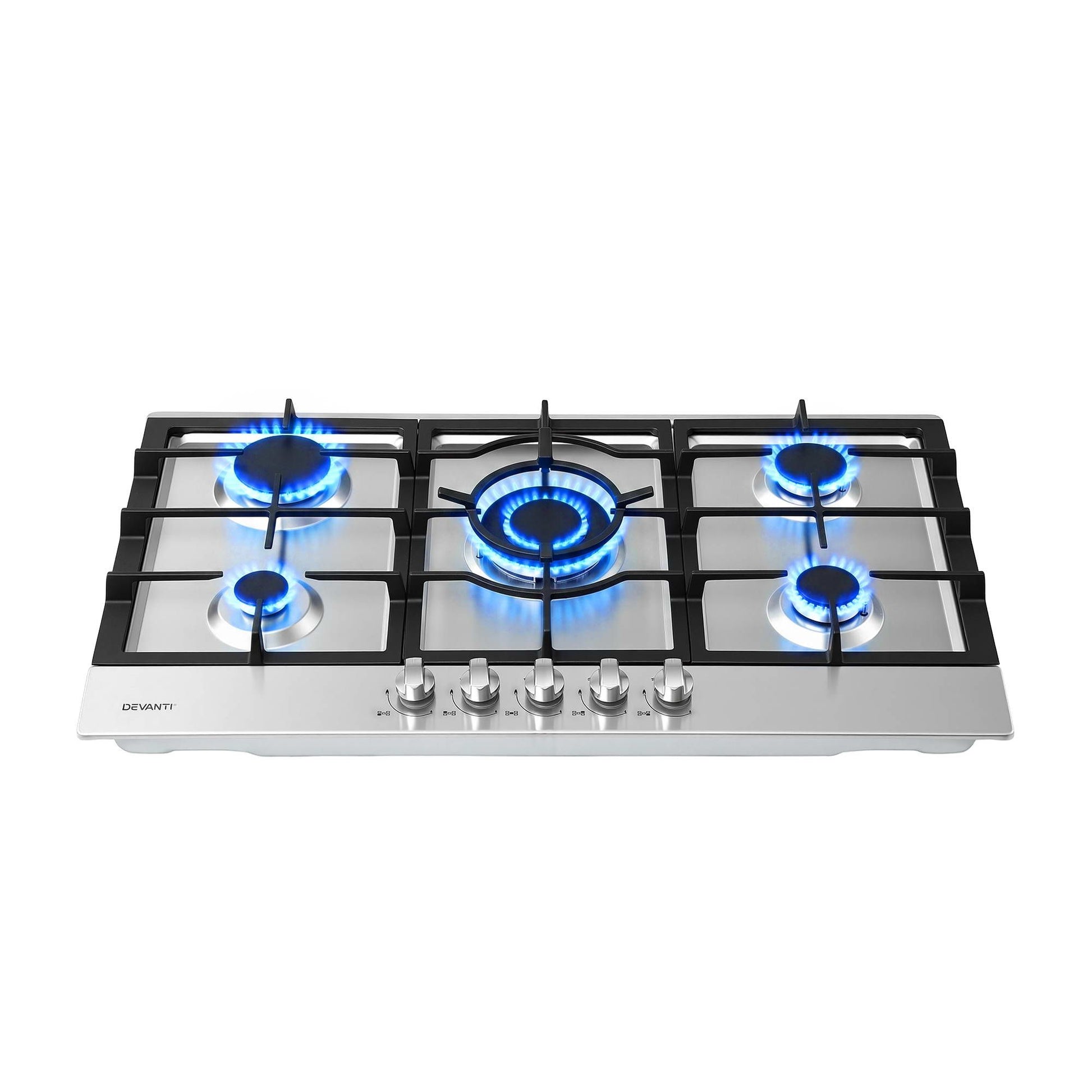 Devanti 90cm Gas Cooktop 5 Burner LPG NG Stainless Steel Hob Silver CT-GAS-5B-L-SS