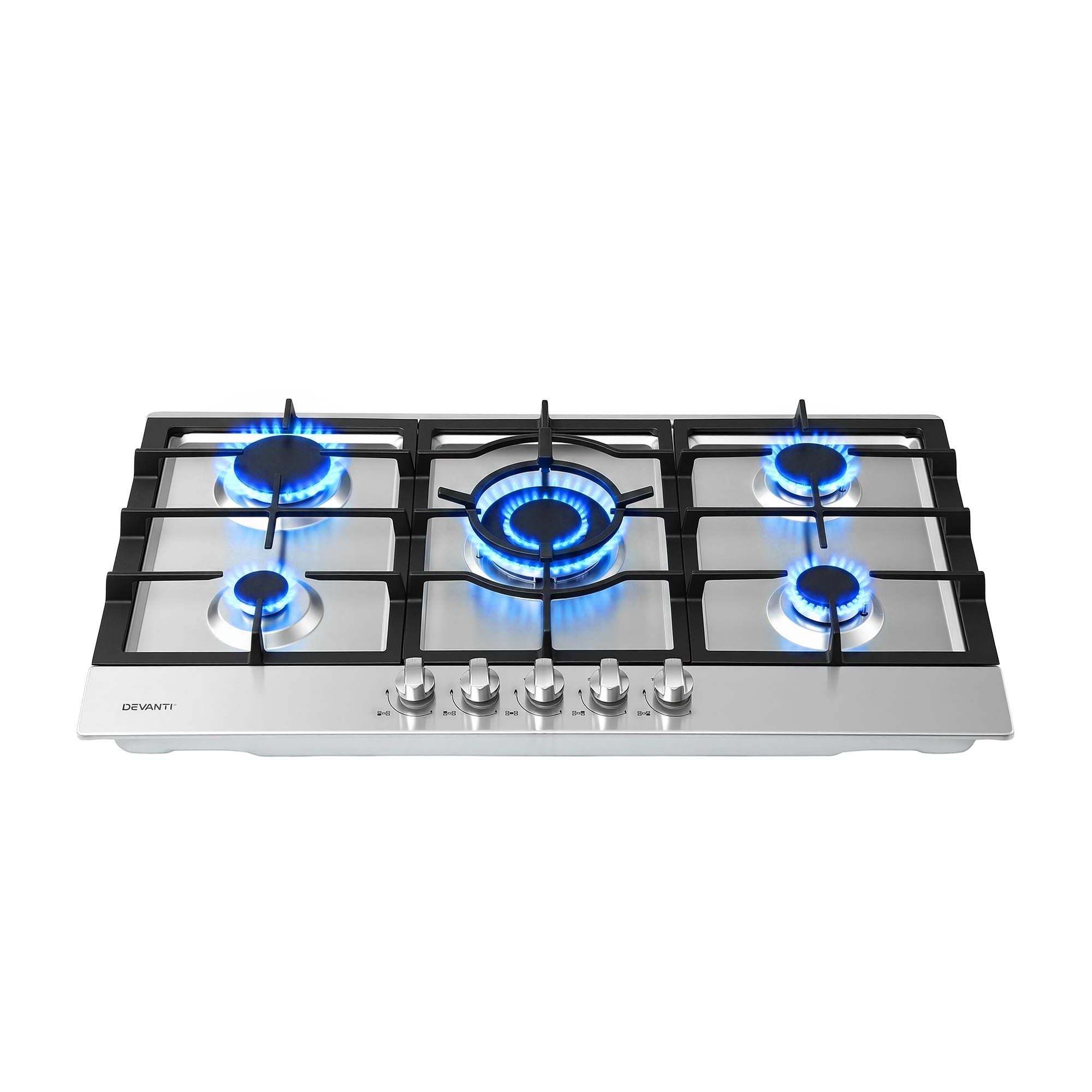 Devanti 90cm Gas Cooktop 5 Burner LPG NG Stainless Steel Hob Silver CT-GAS-5B-L-SS